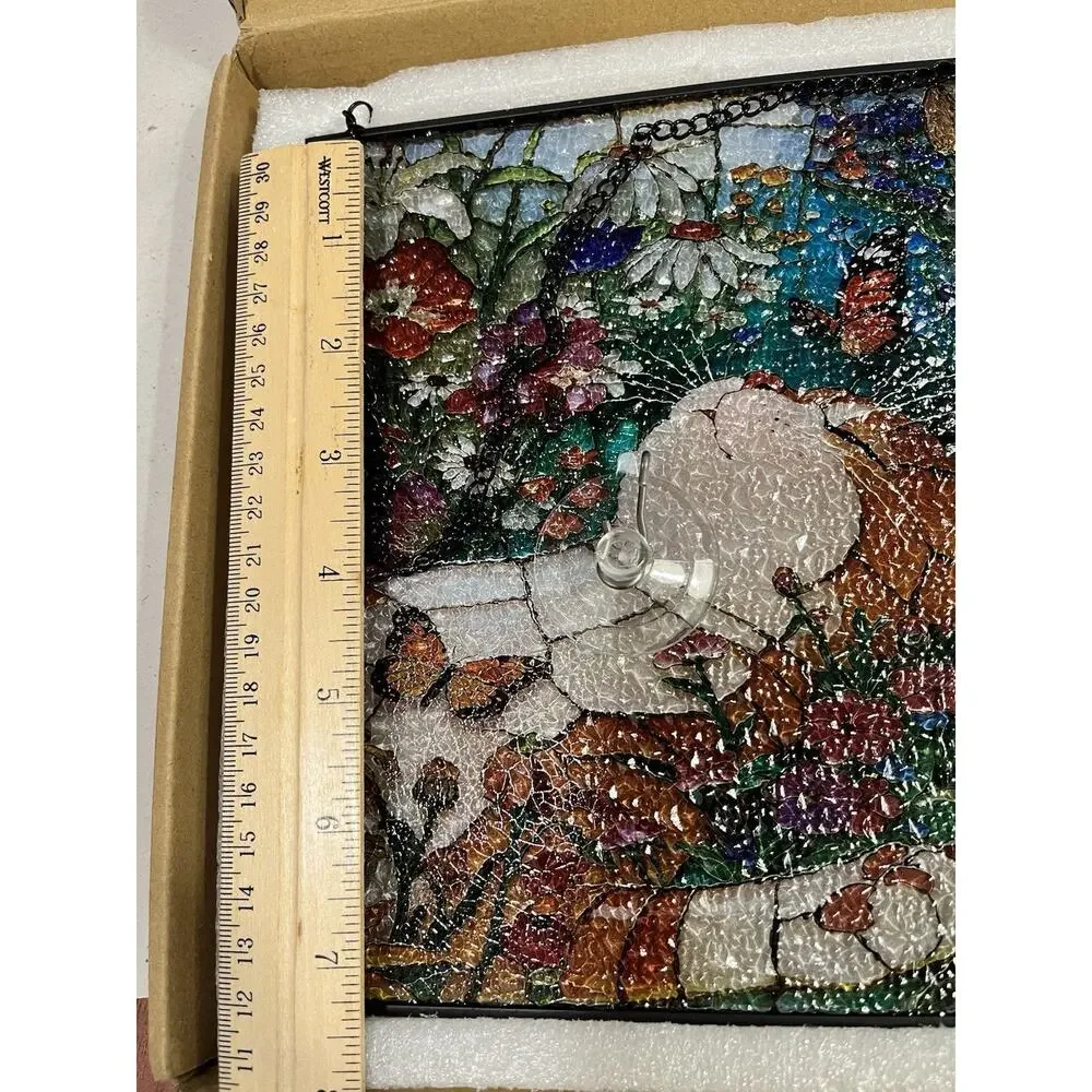 Orange Cat Stained Glass Flowers Suncatcher, Window Tabby Hanging 7 1/4”